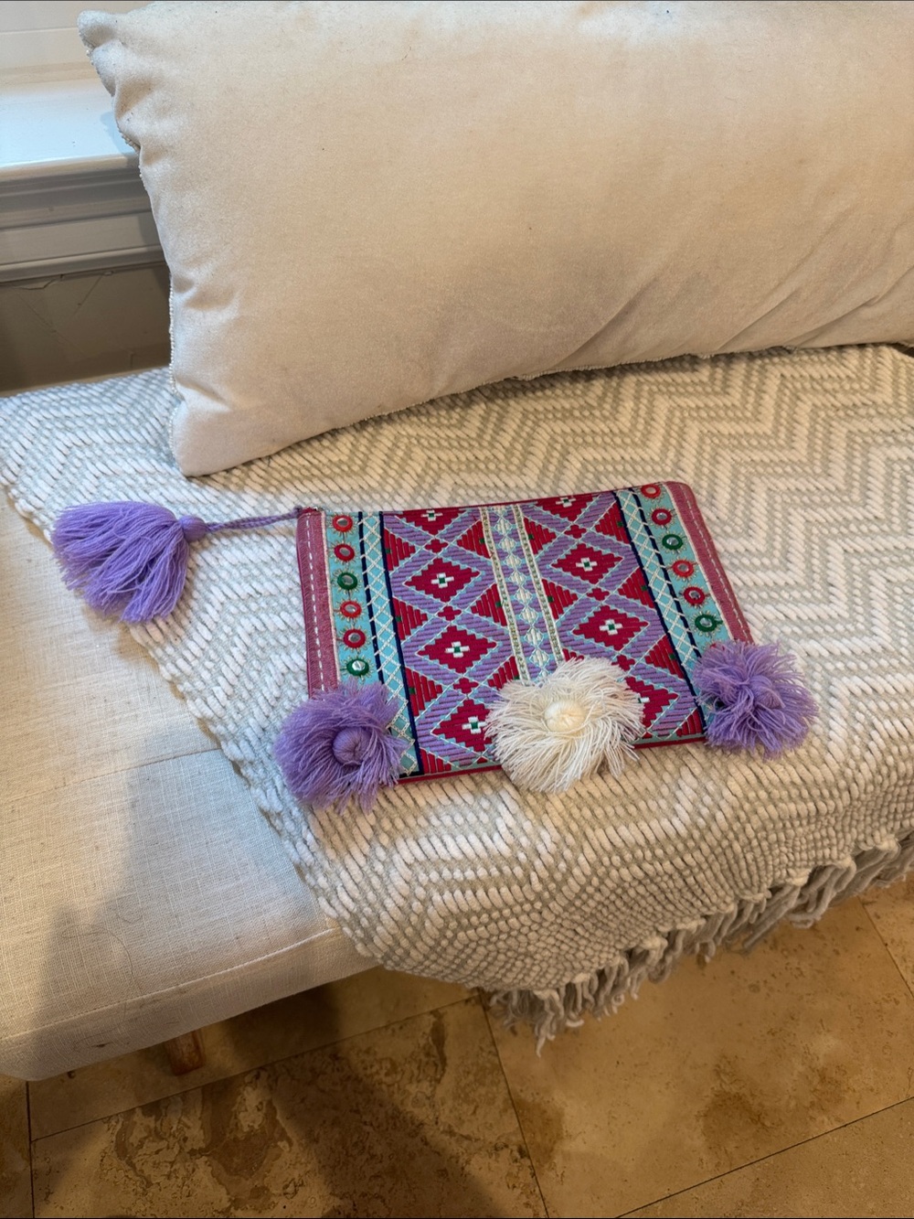 Shiraleah Hot Pink, Blue & Cream Embroidered Pom-Pom Pouch